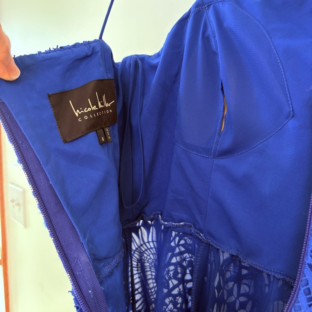 Nicole Miller Blue High Low Embroidered Lace Prom Wedding Guest Dress Gown Sz 8 - Picture 9 of 16